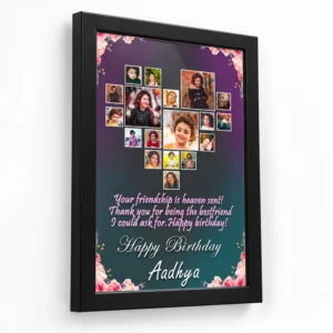 Three-quarter view of a black personalized birthday photo frame showing frame depth, floral artwork, heart photo collage, custom message, and name Aadhya.