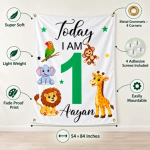 Personalized kids birthday tapestry with Aayan name and age 1 shown with Super Soft, Light Weight, metal grommets, adhesive screws, and 54 × 84 inch details.
