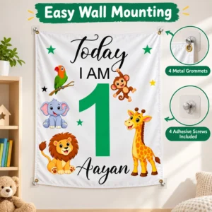 Personalized Aayan birthday tapestry mounted on a wall with four metal grommets and adhesive screws, shown with easy wall mounting details.