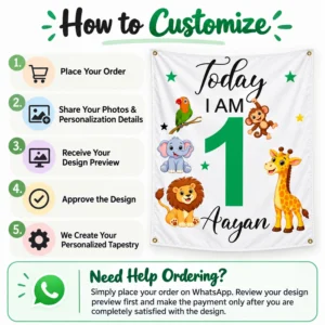 How to customize a personalized kids birthday tapestry with order, photo and personalization details, design preview, approval, and WhatsApp assistance steps.