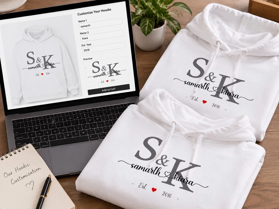 Personalized white couple hoodies featuring S and K initials, custom names and anniversary year beside a laptop design mockup.