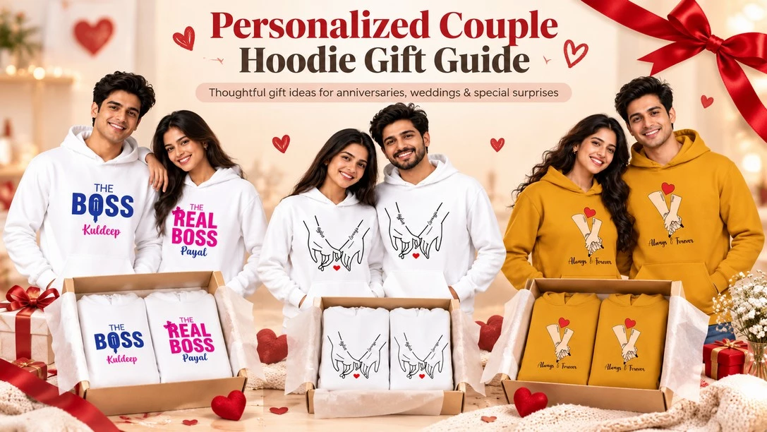 Personalized couple hoodie gift guide featuring Boss and Real Boss hoodies, custom hand-holding designs, and yellow matching hoodies with gift packaging.