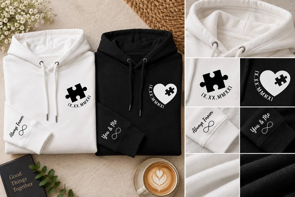 Black and white matching couple hoodies featuring puzzle-piece and heart prints, Roman numeral dates and personalized sleeve messages.