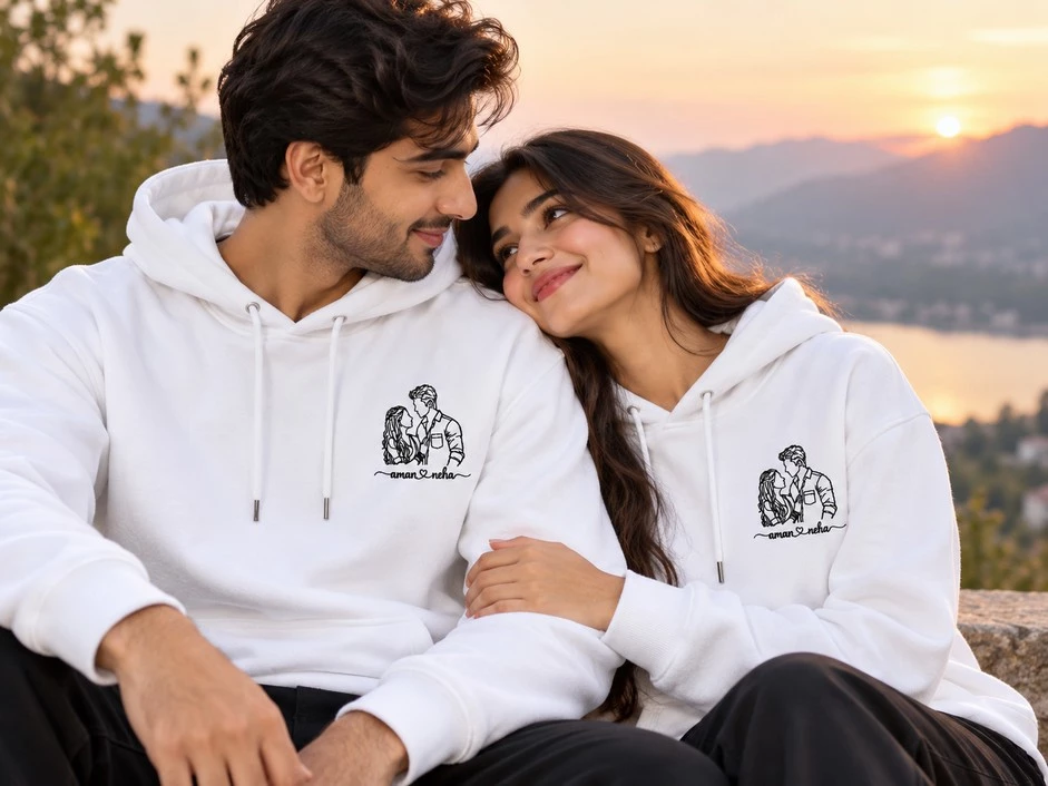 Young couple wearing matching white hoodies with personalized line art embroidery, sitting together at sunset.