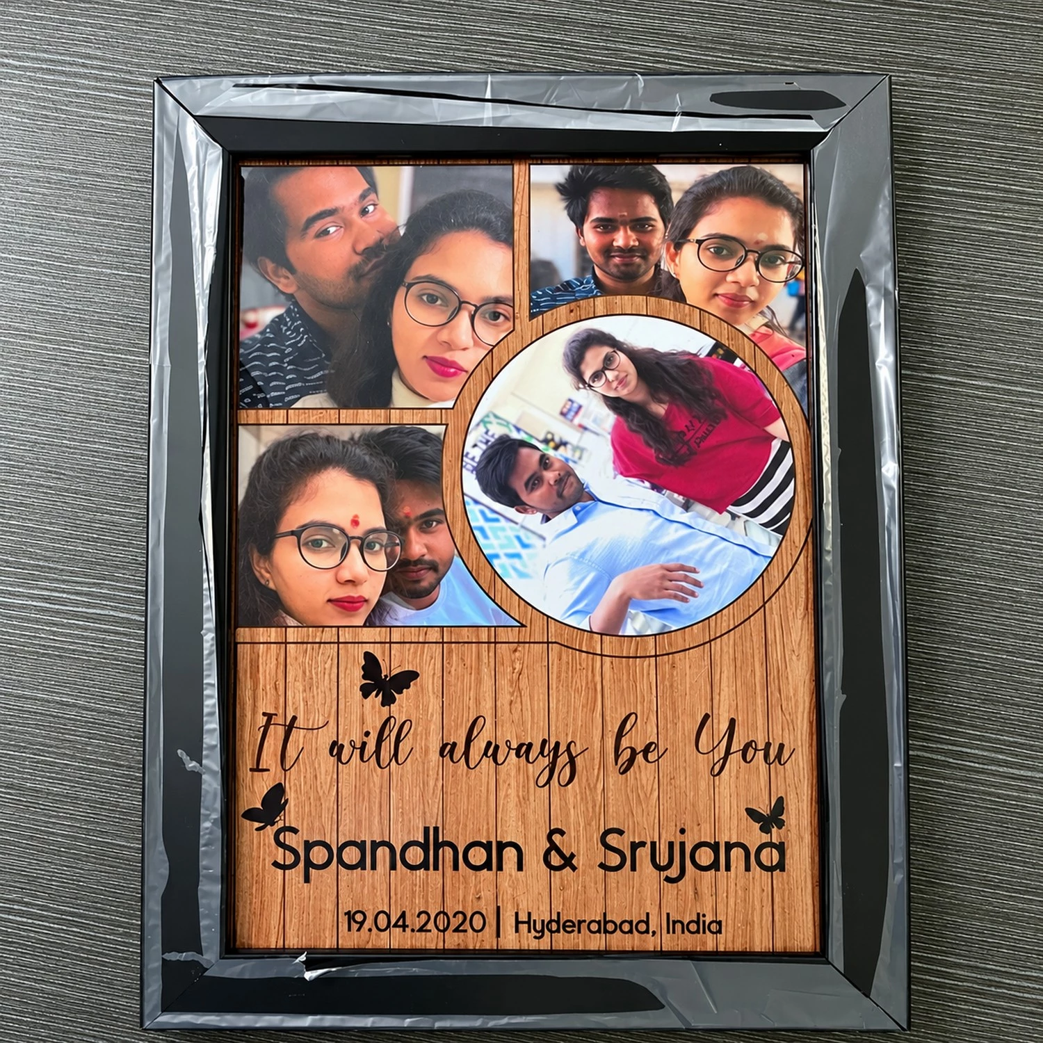 Customized couple photo collage in a black frame featuring a wood-texture design, circular photo layout, names and romantic quote.