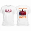 White personalized Dad T-shirt with DAD and established year front print plus custom father and boys illustration on the back.