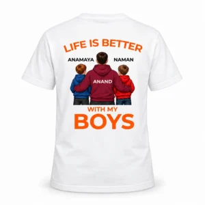 Personalized Dad T-shirt back view with father and two boys illustration, custom names, and Life Is Better With My Boys text.