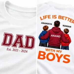 Close-up of personalized Dad T-shirt showing DAD established year front print and custom father with boys back design.