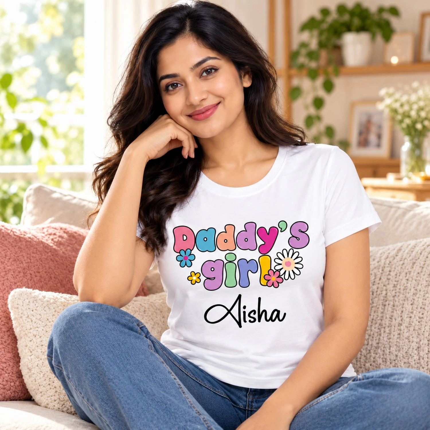 Smiling Indian woman seated comfortably on a sofa wearing a white Daddy's Girl personalized T-shirt featuring colorful flowers and the name Aisha.