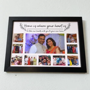 Black horizontal family photo collage frame displayed on a white wall with family pictures and a heartfelt home quote.