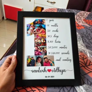 Customer photo of a personalized first anniversary frame featuring a number one photo collage, milestone timeline and couple names.