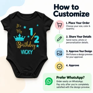 How to Customize guide beside a black personalized VICKY half birthday baby romper with order, personalization, preview and approval steps.