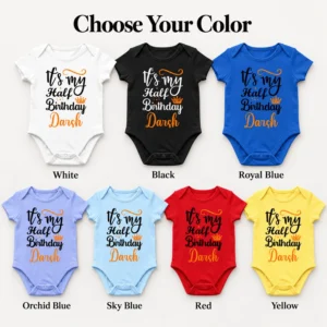 Seven personalized half birthday baby rompers in white, black, royal blue, orchid blue, sky blue, red and yellow with Darsh design.