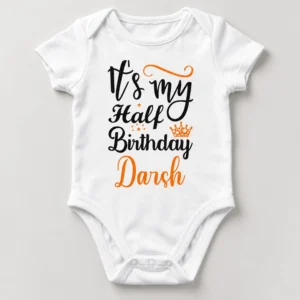 White personalized half birthday baby romper shown flat with short sleeves, snap closure and black and orange Darsh birthday print.