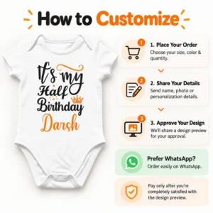How to Customize guide beside a white Darsh half birthday baby romper with ordering, personalization, preview and WhatsApp information.