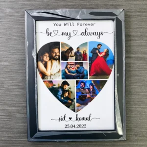 Personalized black photo frame with a large heart-shaped couple collage, romantic lettering, custom names and anniversary date.
