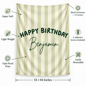 Personalized kids birthday tapestry banner with Benjamin design and callouts for soft lightweight fabric, four grommets, mounting screws, fade proof print, and 54 by 84 inch size.