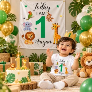 Personalized kids birthday tapestry banner with Aayan name, age 1, jungle animals, green and gold balloons, cake, and first birthday celebration.
