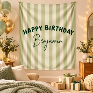 Personalized Happy Birthday Benjamin tapestry displayed with sage, cream and gold balloons, wrapped gifts, flowers, and warm birthday party décor.