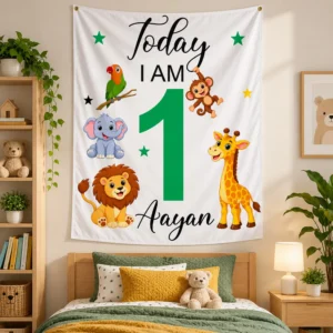 Large personalized Aayan birthday tapestry with green age 1 and jungle animals displayed above a child’s bed in a warm bedroom.