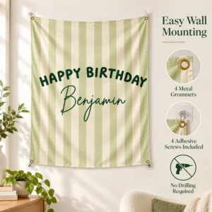 Personalized Happy Birthday Benjamin tapestry mounted on a light wall with four corner grommets, adhesive mounting screws, and easy wall mounting instructions.
