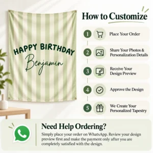 How to customize guide beside a personalized Happy Birthday Benjamin tapestry with five ordering steps and WhatsApp ordering assistance.