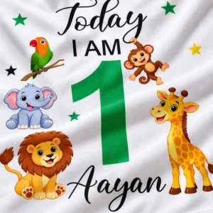Close-up of Aayan personalized birthday tapestry showing crisp jungle animal printing, green age 1, black lettering, stars, and soft fabric texture.