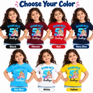 Color options image showing a personalized kids birthday t-shirt with the same mermaid "Diving Into 5" design in black, maroon, red, navy blue, sky blue, white, and yellow.