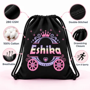 Personalized Eshika kids drawstring bag infographic showing 280 GSM, 100% cotton, breathable fabric, double stitching, drawstring closure and gym and sporty use.