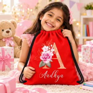 Smiling child holding a red personalized kids drawstring bag with floral letter A and Aadhya name in a birthday gift setting.
