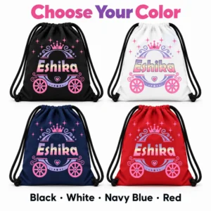 Personalized Eshika kids drawstring bags shown in black, white, navy blue and red with matching princess carriage print and black drawstrings.