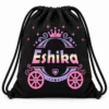 Black personalized kids drawstring bag with the name Eshika, pink and lavender princess carriage artwork, crown, hearts and black drawstrings.