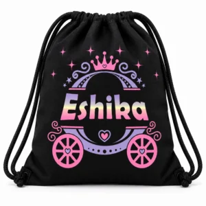 Black personalized kids drawstring bag with the name Eshika, pink and lavender princess carriage artwork, crown, hearts and black drawstrings.