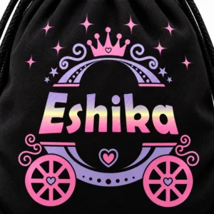 Close-up of Eshika personalization on a black kids drawstring bag with pink crown, carriage, hearts, stars and lavender details.