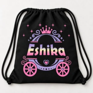 Flat-lay view of a black personalized kids drawstring bag with Eshika princess carriage print and black cord drawstrings.