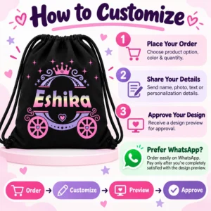 How to customize a personalized kids drawstring bag with Eshika design, showing order, personalization details, design preview and approval steps.