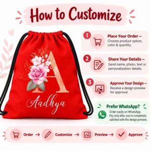 How to customize a personalized kids drawstring bag with Aadhya design, showing order, personalization details, design preview, approval, and WhatsApp ordering steps.