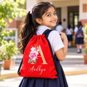 Indian school-age girl wearing a red personalized kids drawstring bag with black cords, floral letter A design, and the name Aadhya.