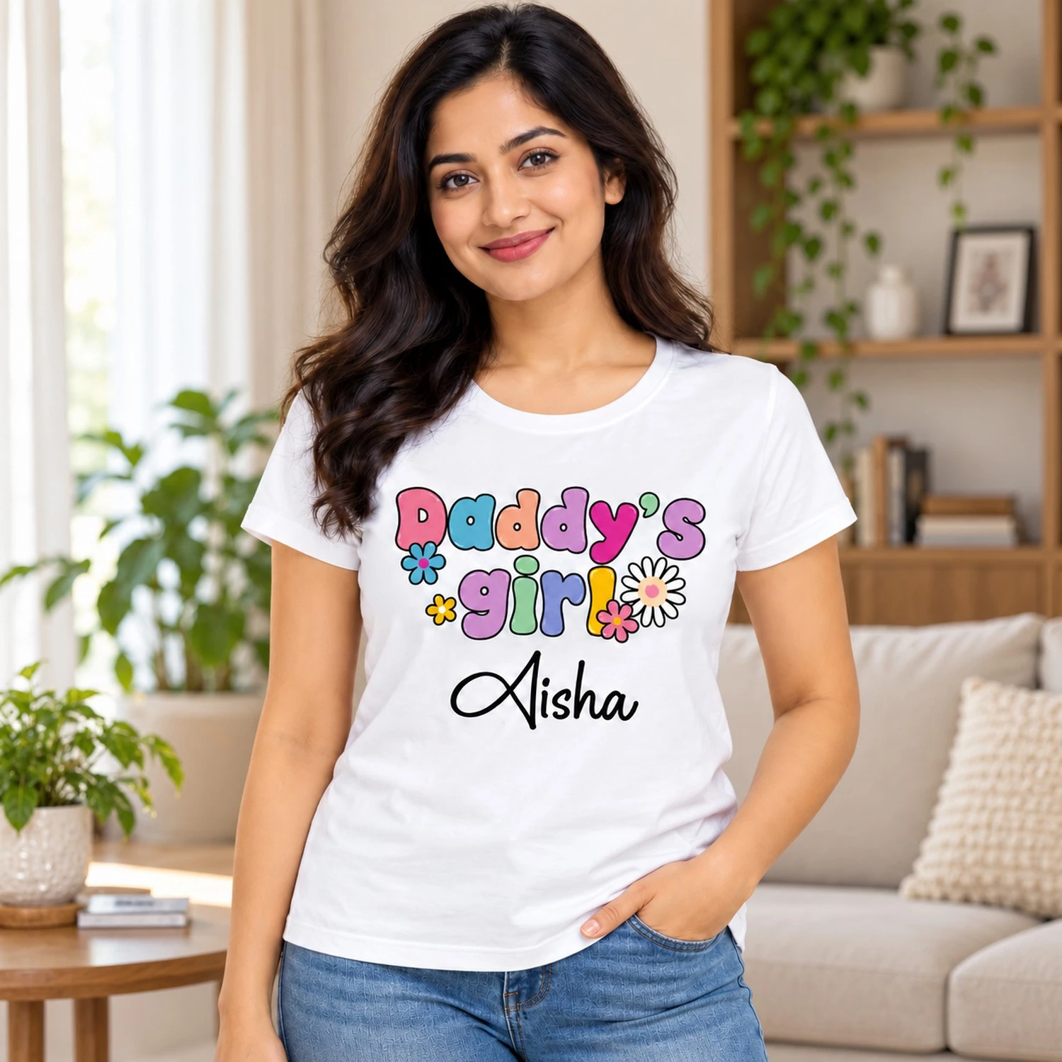 Indian woman standing in a bright living room wearing a white personalized Daddy's Girl T-shirt with floral graphics, Aisha name print, and blue jeans.