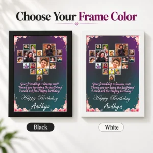 Personalized birthday photo frame shown in black and white frame color options with identical floral photo collage artwork and custom name Aadhya.