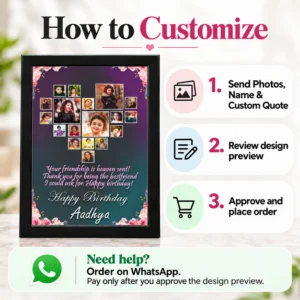 How to customize a personalized birthday photo frame by sending photos, name and custom quote, reviewing the design preview, and approving the order, with WhatsApp ordering information.