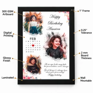 Personalized baby birthday photo frame with callouts for 300 GSM artboard, digital printing, glossy finish, lamination, 1-inch frame and wall mounting.