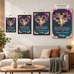 Personalized birthday photo collage displayed on a living room wall in A4, A3, 18 x 24 inch framed sizes and a 20 x 30 inch non-framed canvas option.
