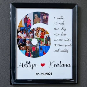 Personalized six month anniversary photo frame with a number six collage, couple pictures, relationship timeline and custom names.