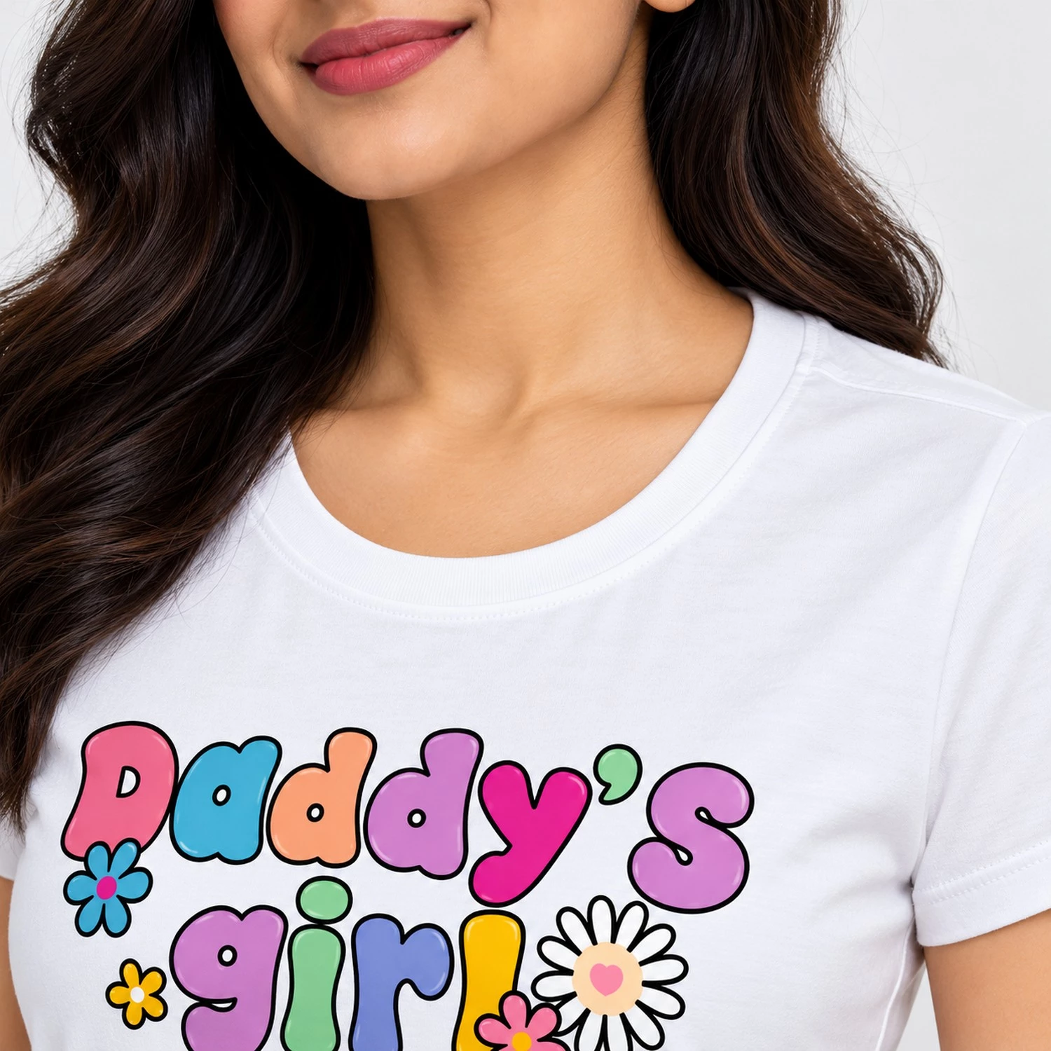 Close-up of the round neckline, shoulder stitching, and white cotton fabric on a women's Daddy's Girl printed T-shirt.