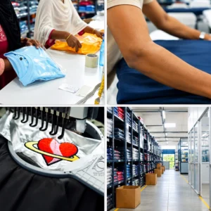 Apparel production process at Printgen's production house showing packaging, embroidery and organized garment storage.