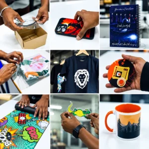 Custom printing workflow at Printgen's production house featuring apparel, mugs, phone cases, notebooks and personalized products.