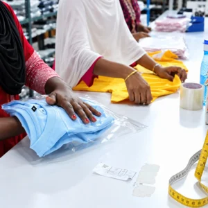 Garment folding and packaging process with blue and yellow apparel at Printgen's production house.