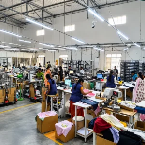 Busy garment production floor with printing, packing and apparel processing teams at Printgen's production house.