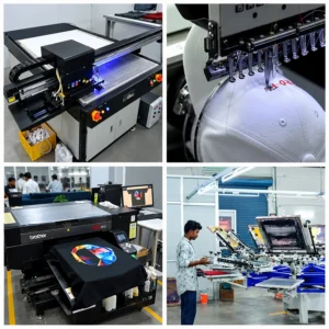 Printing machinery at Printgen's production house featuring DTG, embroidery, flatbed and screen printing equipment.